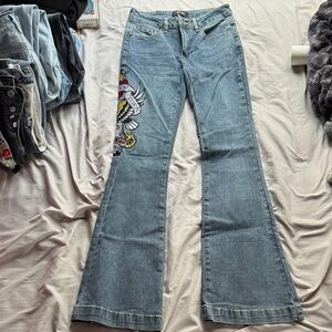 Ed Hardy Denim Flare Jeans with Artistic Embroidery